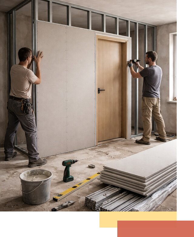 Перегородка из гипсокартона с дверью под ключ в Дедовске