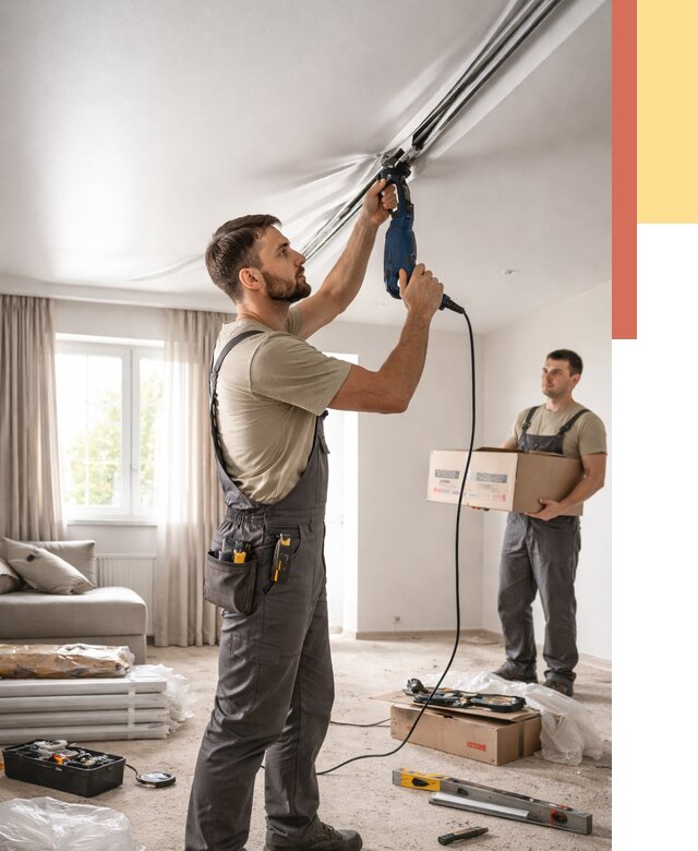 Монтаж сатинового натяжного потолка в Дедовске от 3848 руб. | Быстро, недорого — ОТДЕЛОЧНИК-Ддв