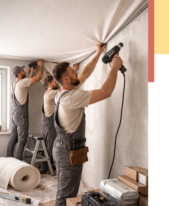 Монтаж фактурного натяжного потолка в Дедовске от 825 руб. — ОТДЕЛОЧНИК-Ддв