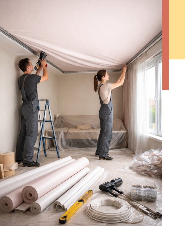 Монтаж цветного натяжного потолка в Дедовске от 4618 руб/м² — быстро и недорого | ОТДЕЛОЧНИК-Ддв