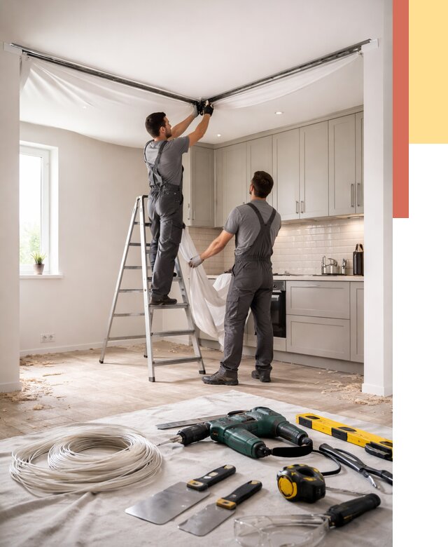 Установка натяжного потолка на кухне в Дедовске от 2639 руб. | ОТДЕЛОЧНИК-Ддв