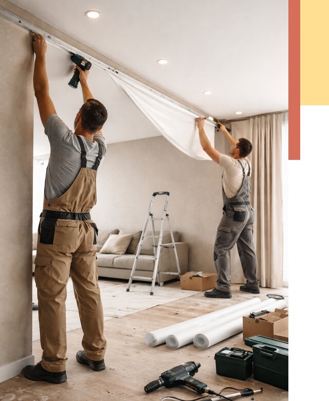 Монтаж натяжного потолка в гостиной в Дедовске от 605 руб. | ОТДЕЛОЧНИК-Ддв